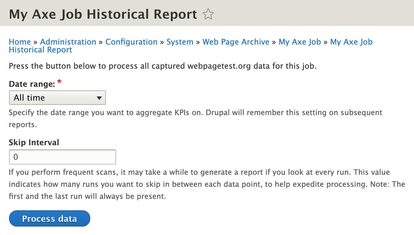Screenshot of the process data form