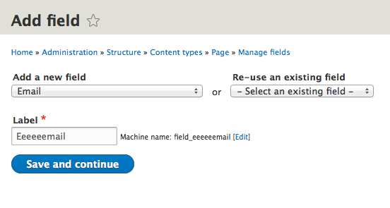 New Add field screen where you select a field type and provide a label.