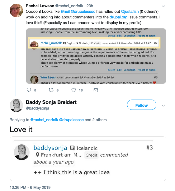 @rachel_norfolk and @baddysonja sharing screenshots with this new Drupal.org feature in action.