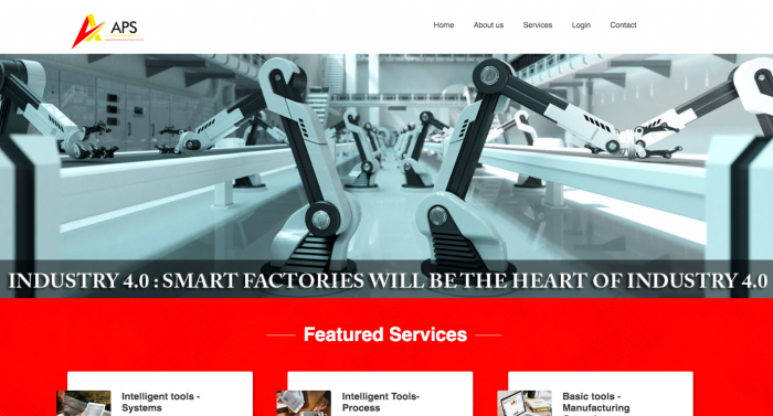 Homepage of AP&S with grey coloured robots at work in a factory