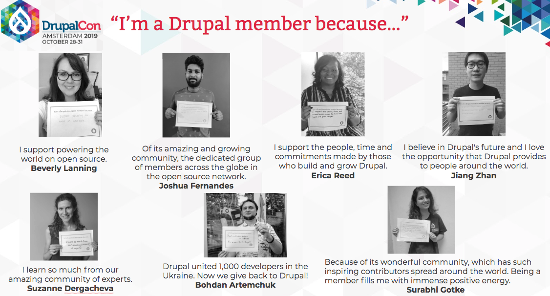 multiple drupal association members with photos and quotes