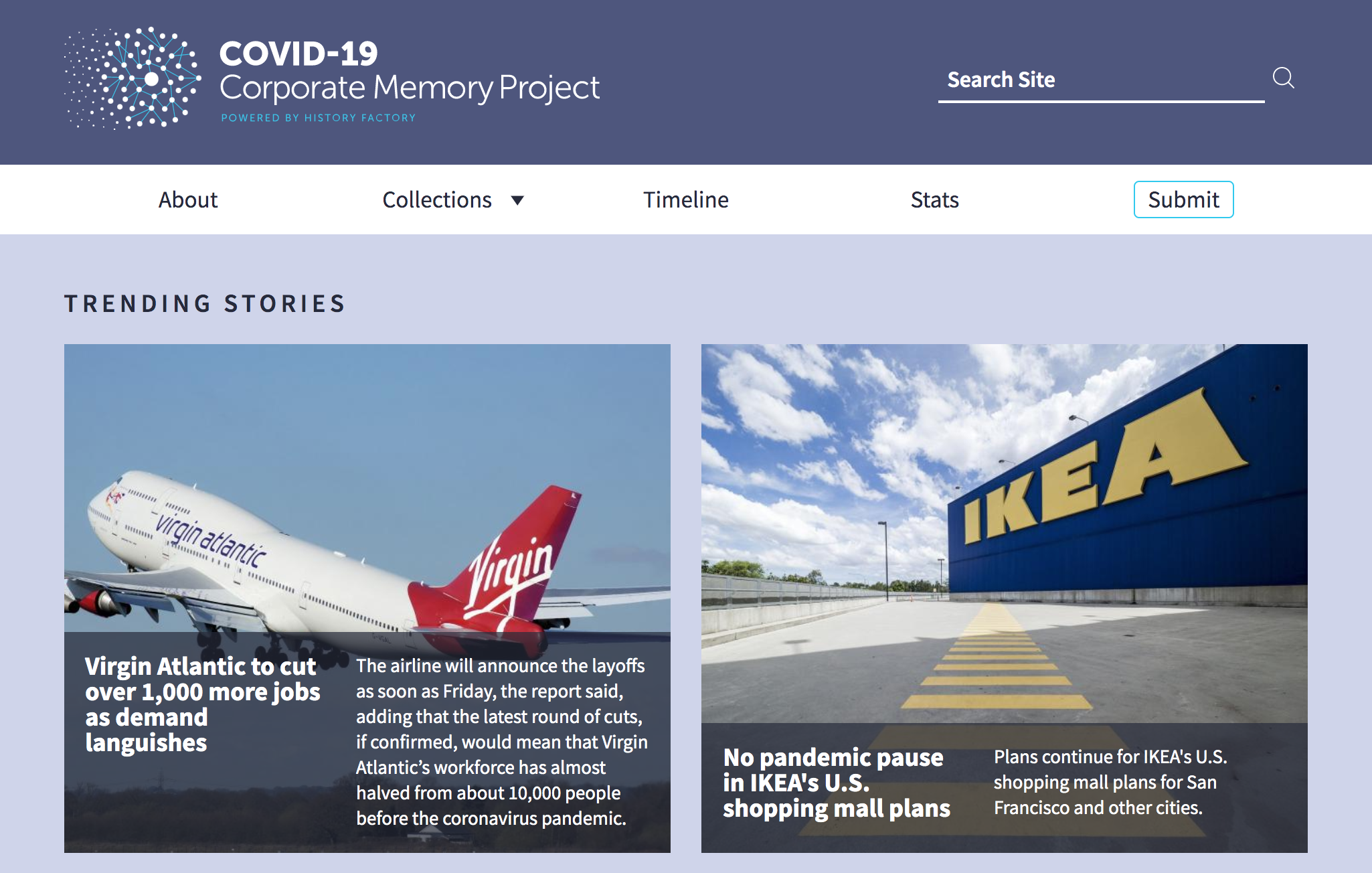 Homepage for History Factory's COVID-19 Corporate Memory Project 