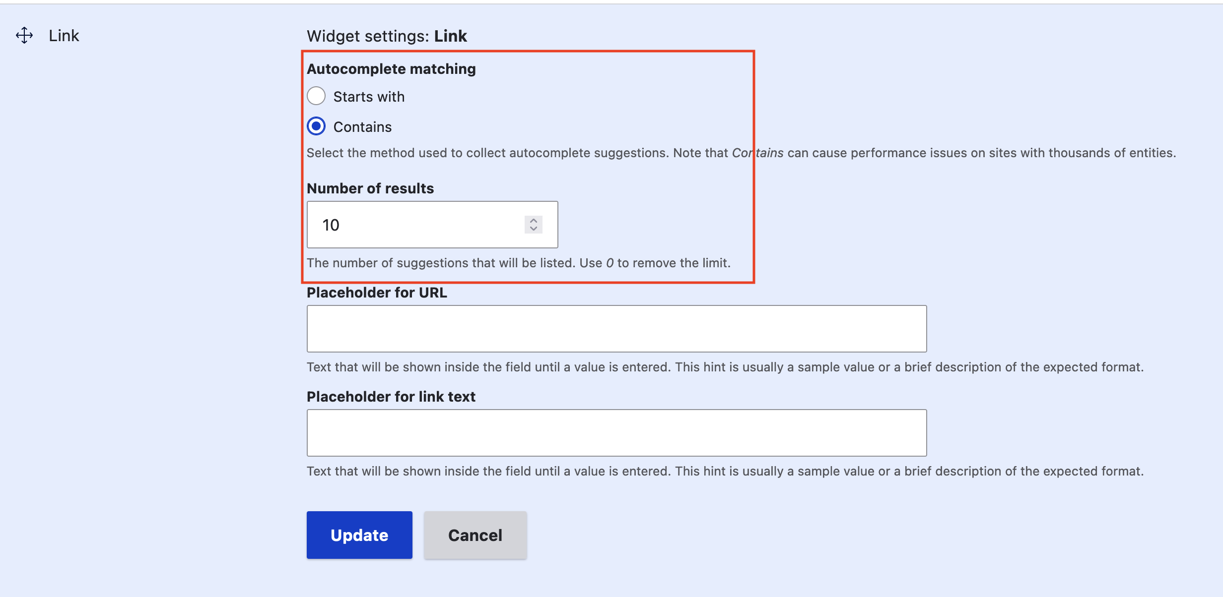 The link widget settings form after applying the merge request showing the addition of the autocomplete matching and number of results settings