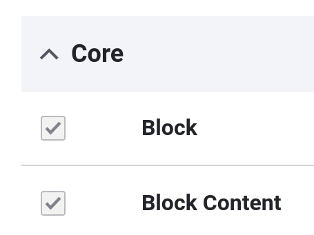 A screenshot of the two enabled block related modules from Admin > Extend in Drupal 10.1+