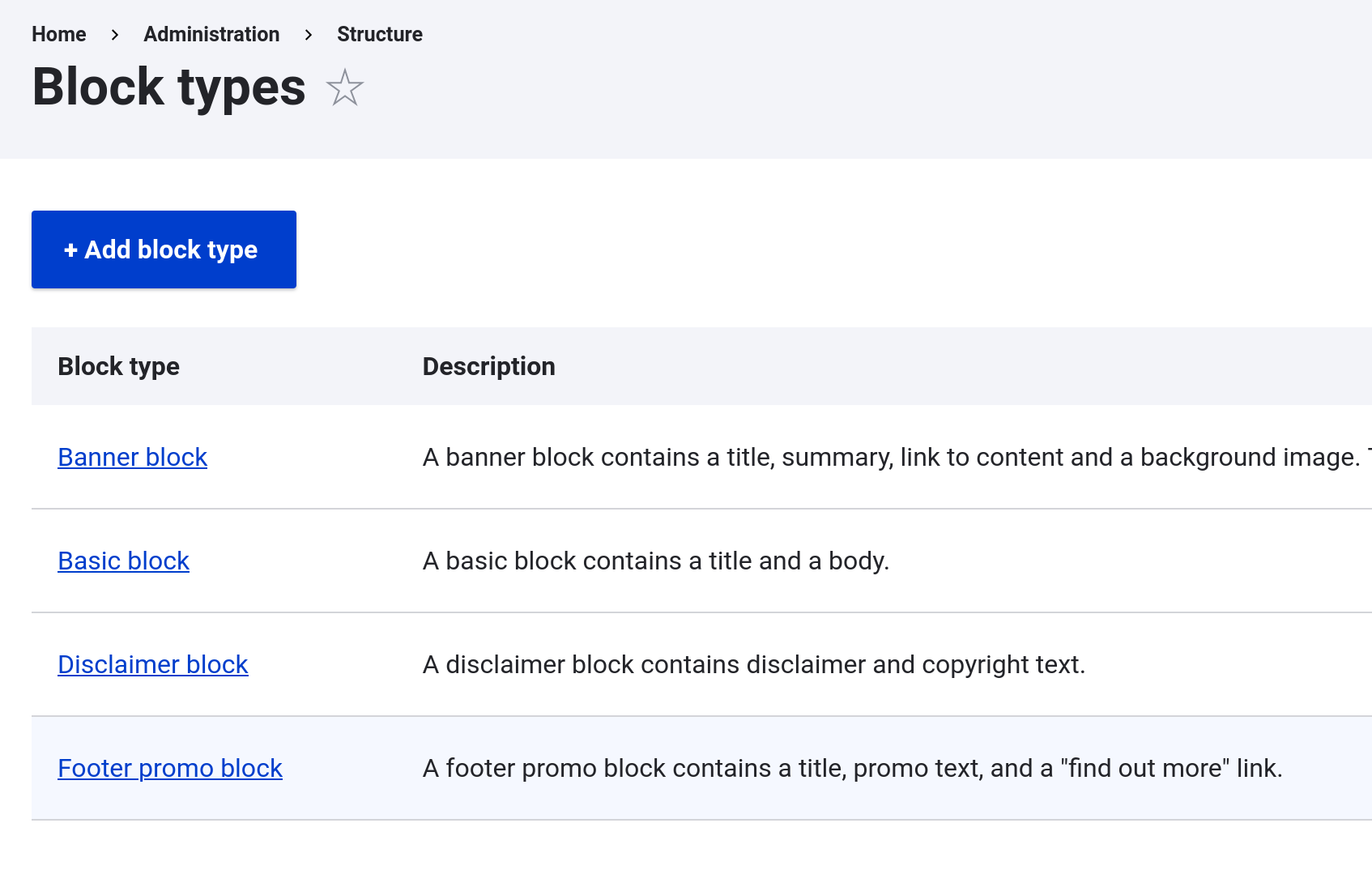 Screenshot showing block types administration page in Drupal