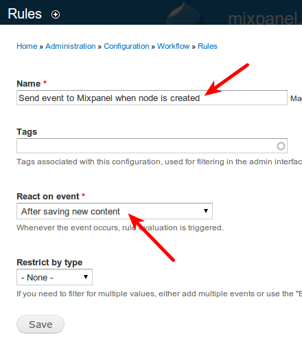 Screenshot of the settings screen pointing out the 'Name' and 'React on event' fields.