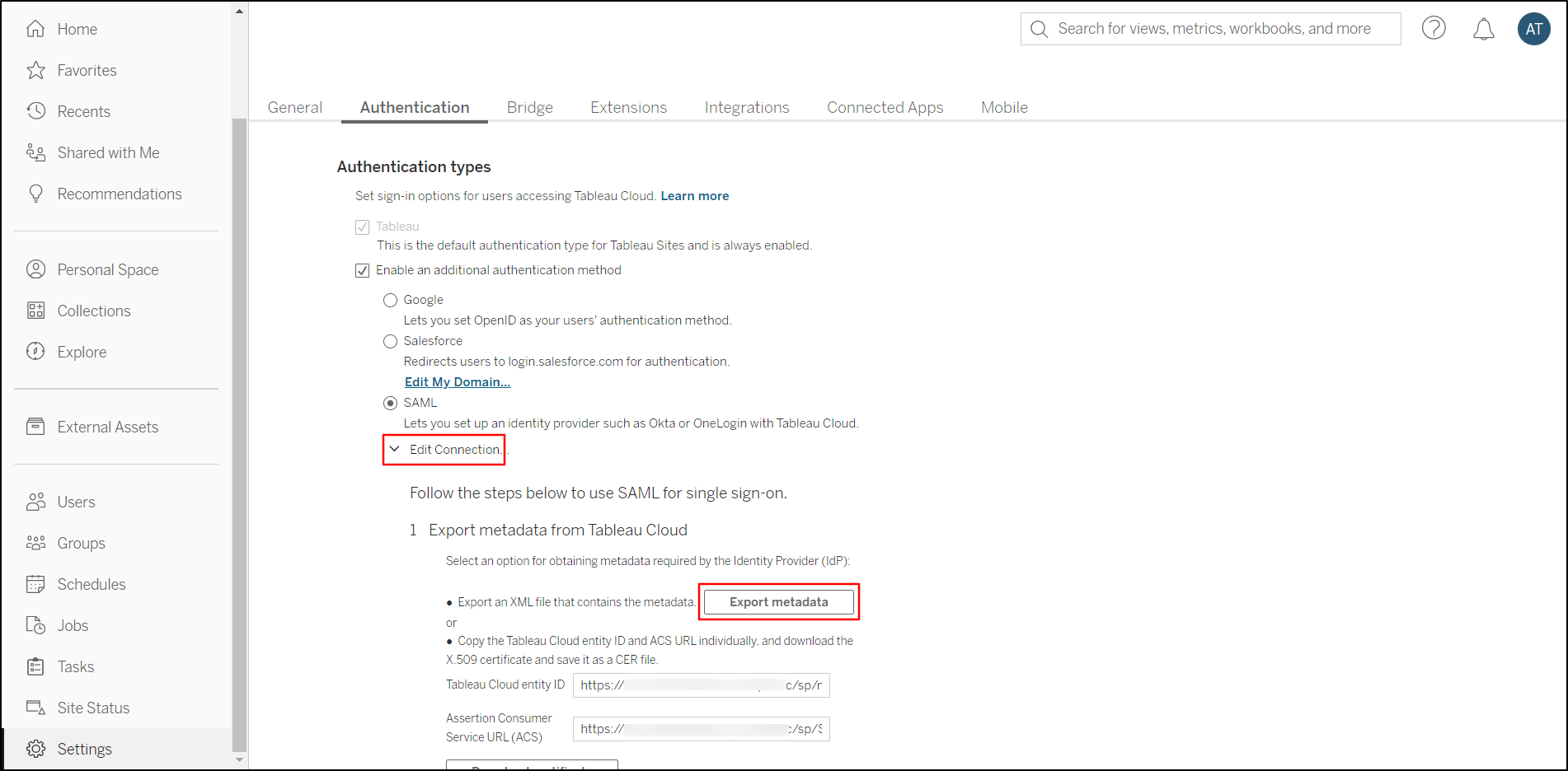 Tableau Online SAML SIngle Sign-on - Click on Edit Connection and download the Export metadata file