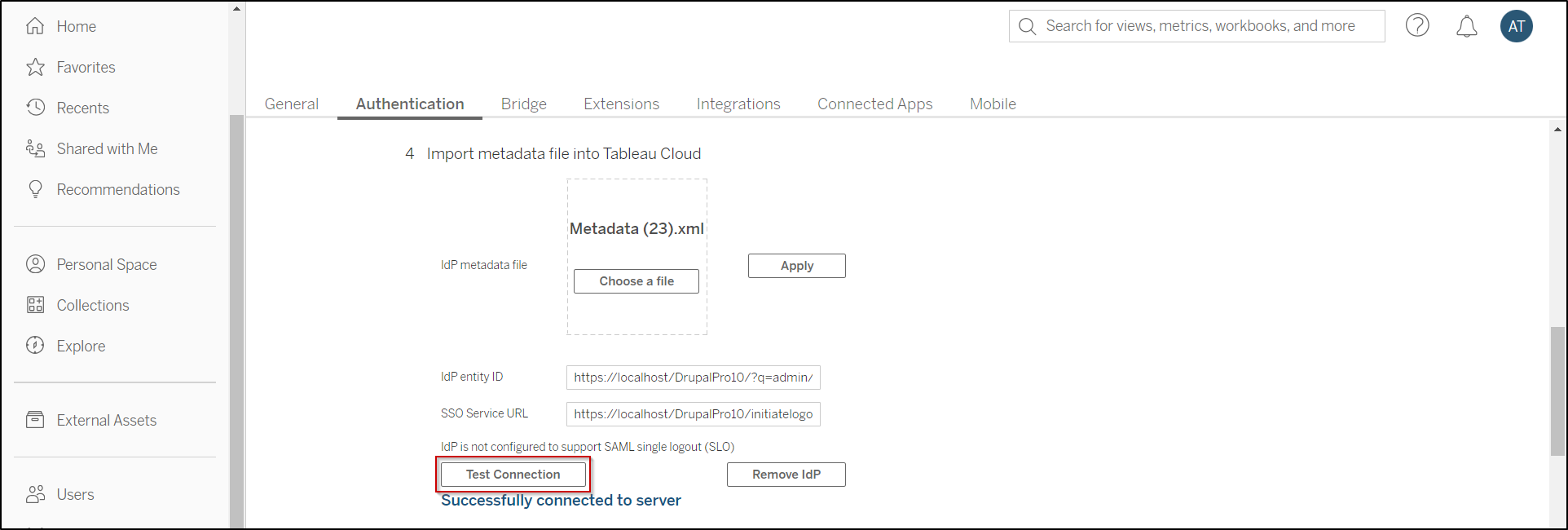 Tableau-Online-SAML-Single-Sign-On-Click-on-Test-Connection