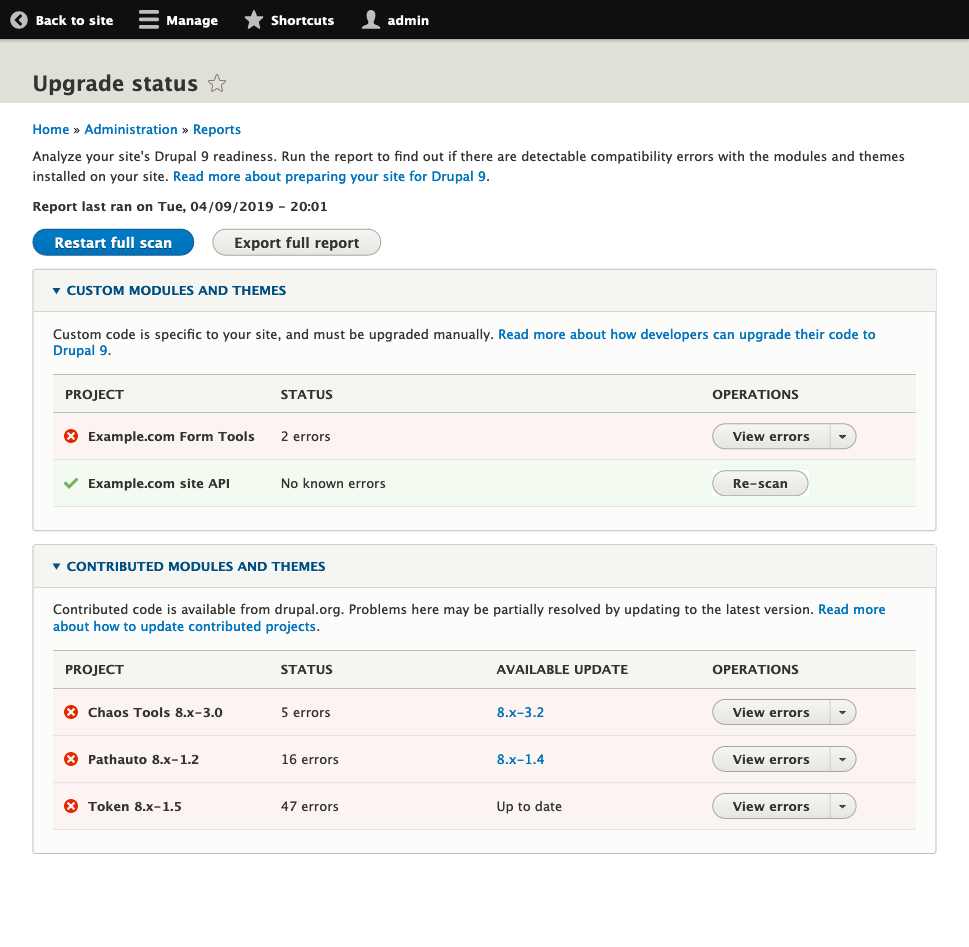 Upgrade Status Drupal 8 module UI