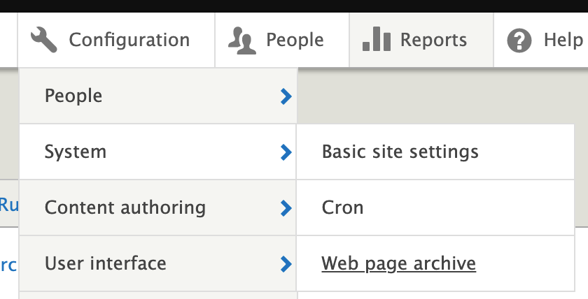 Screenshot showing how to navigate to Configuration -> System -> Web Page Archive
