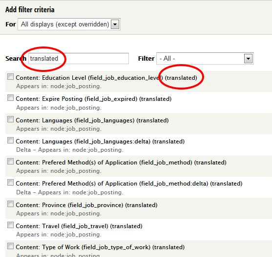 Add Filter, look for fields that are (translated)