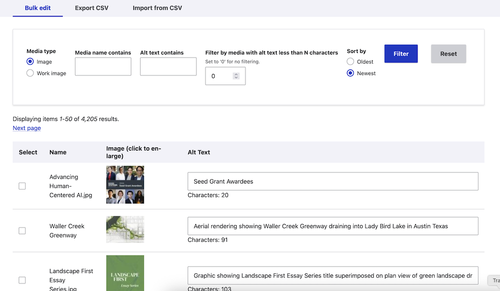 Screenshot of Drupal editing interface for bulk editing alt text, showing filters and three media items with editable alt text form inputs