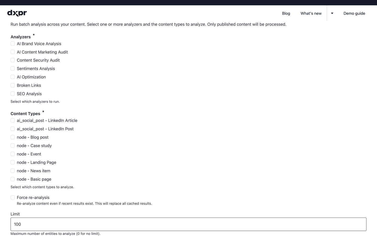 Analyze batch processing interface showing analyzer selection checkboxes, content type filter, and progress indicator for running analysis across multiple content items