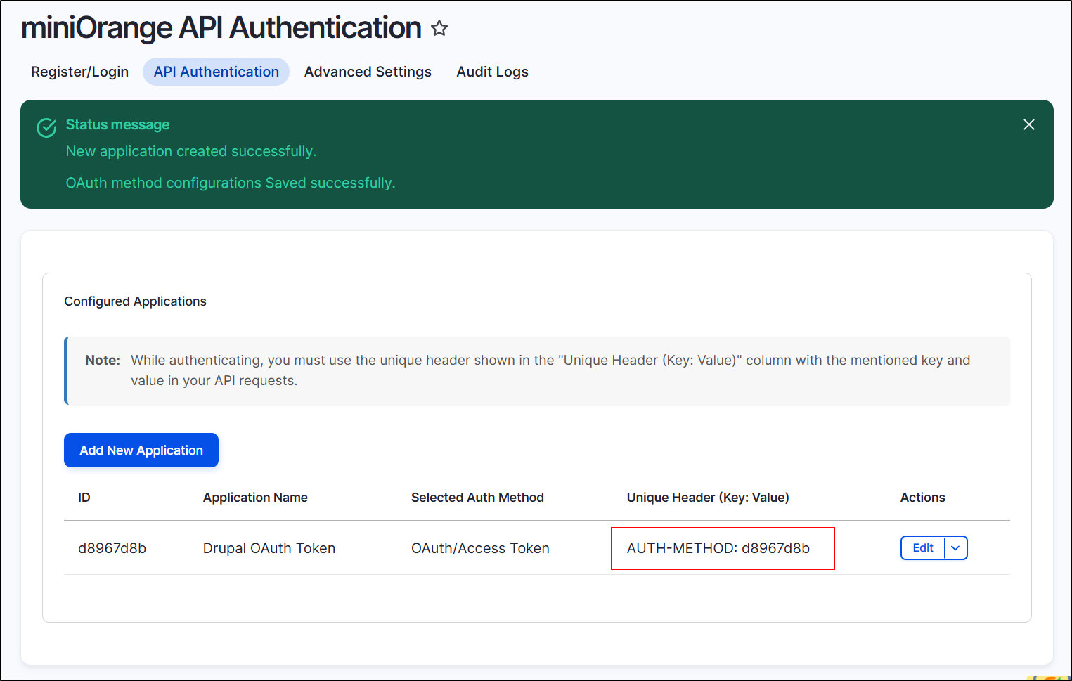 Drupal API Authentication OAuth/Access method configured successfully
