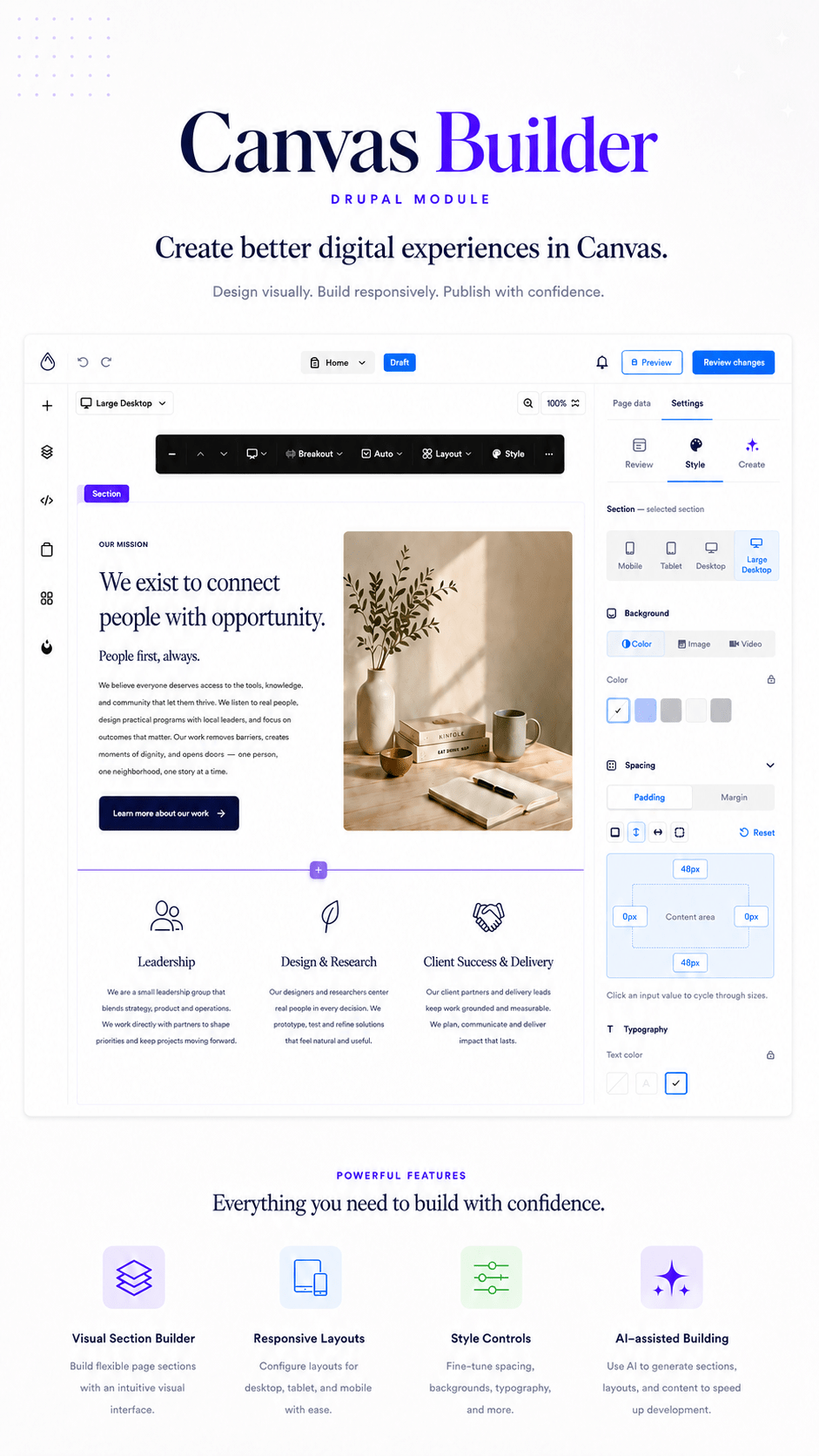 Canvas Builder AI-assisted page-building interface