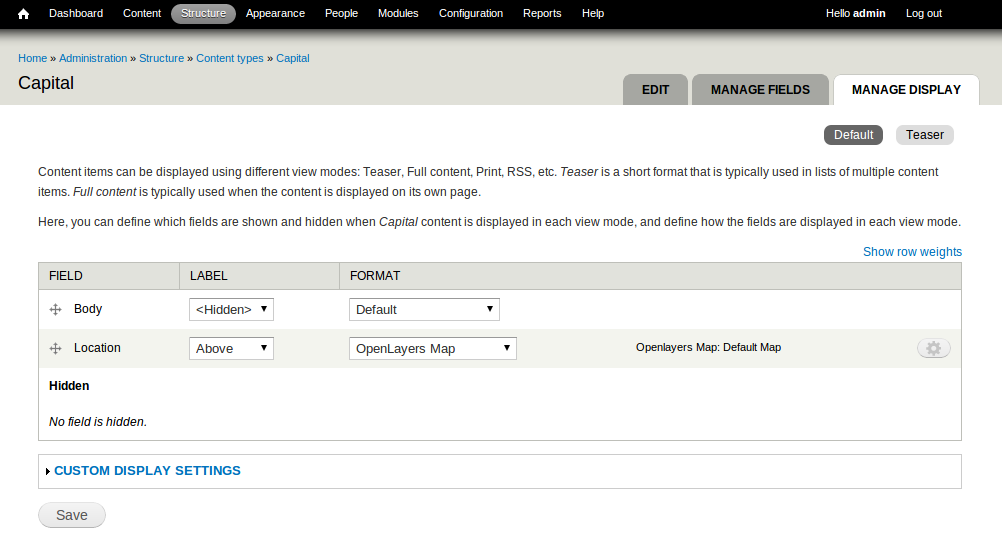 Manage display of content type