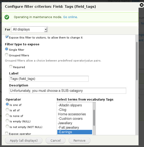 Expose the filter and select terms from vocabulary "Tags"