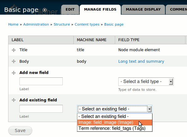 In the row "Add existing field", column "Machine name", use the "Select an existing file" list.