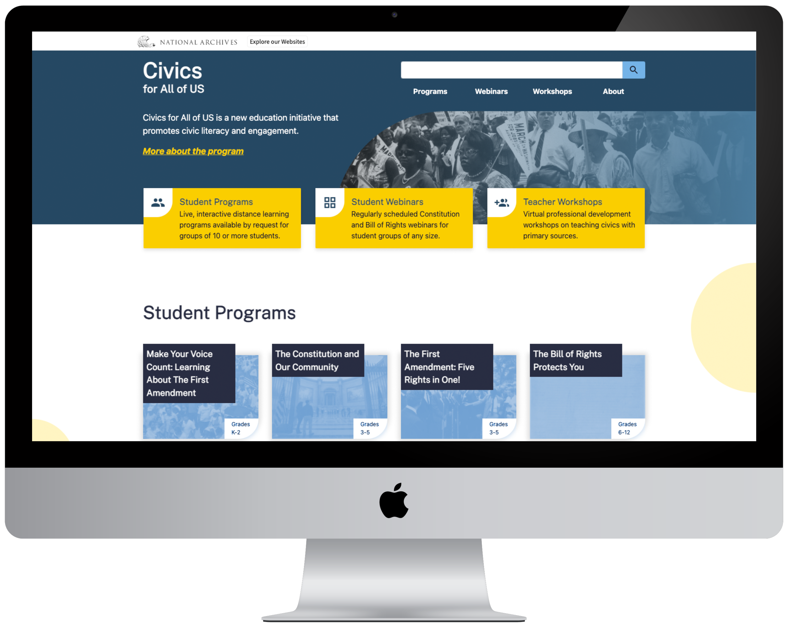 Civics.Archives.gov home page in an iMac