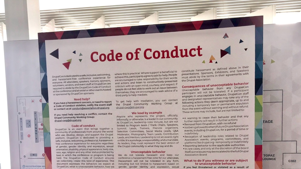 Code of Conduct sign standing up at DrupalCon