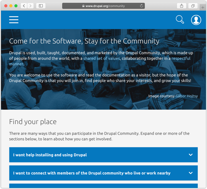 A screenshot of the community section on Drupal.org