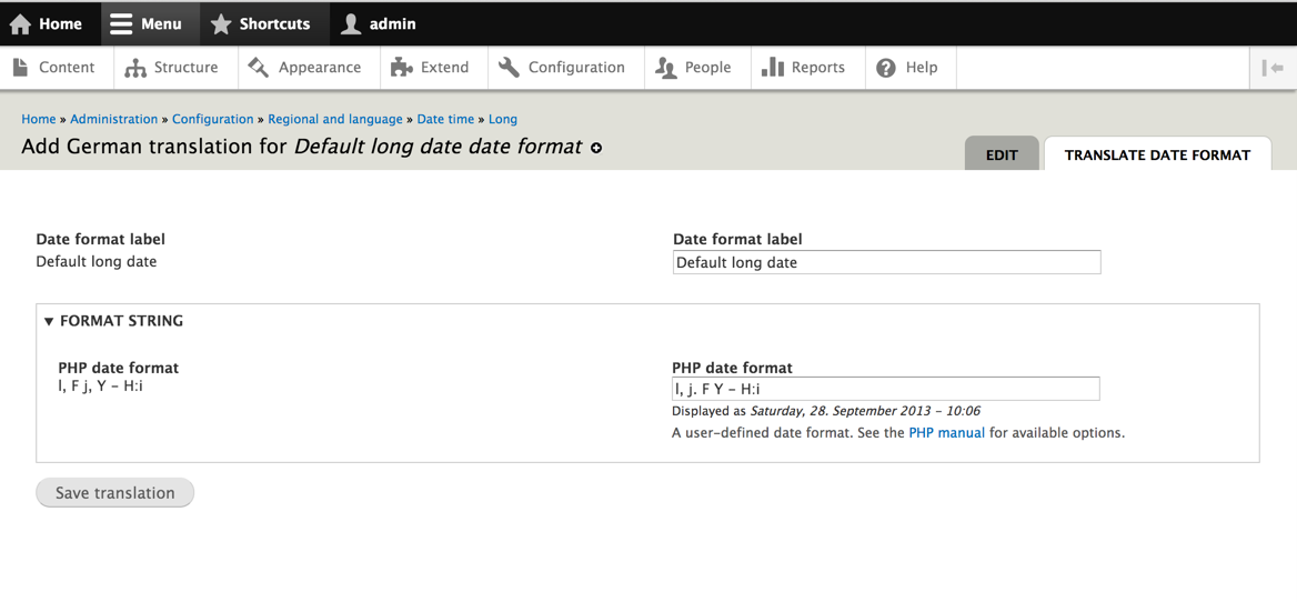 use config translation to translate date formats 2099997 drupal org translation format