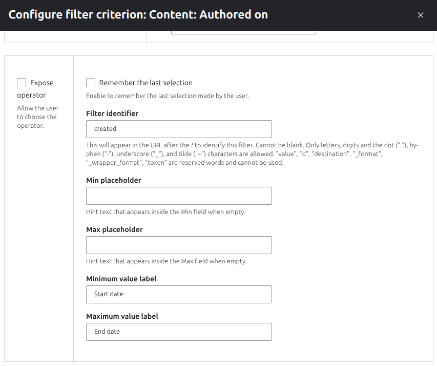 Screenshot of the Minimum and Maximum label configuration form
