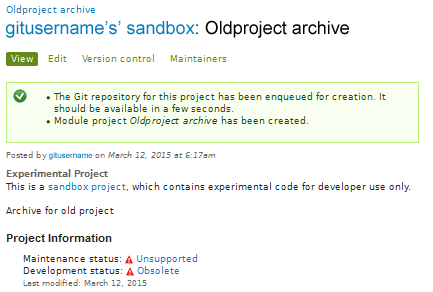 An empty sandbox to hold an obsolete project has been created.