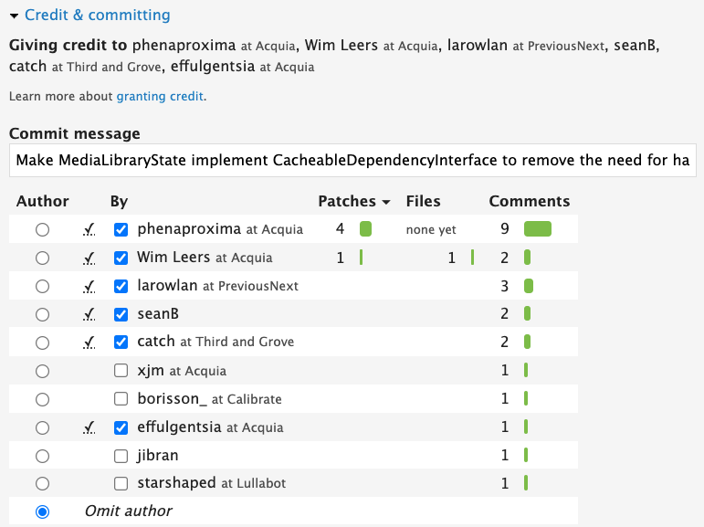 Screenshot of the 'Credit & committing' section of a Drupal issue node