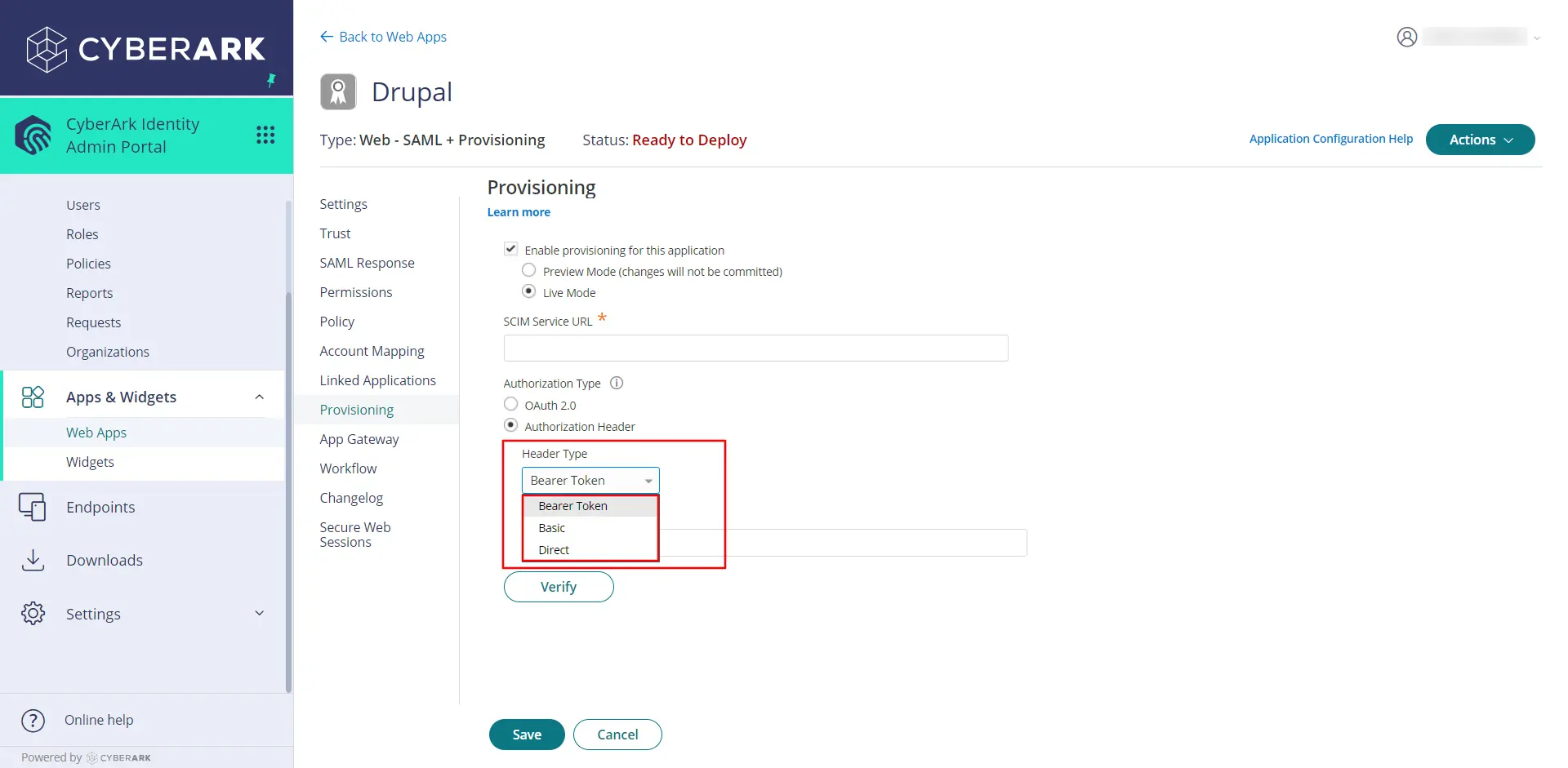 cyberark user provisioning and sync - select scim header