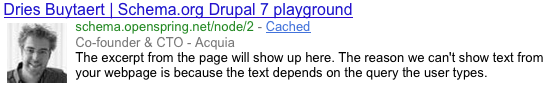 Google Rich snippet preview of a person powered by the schema.org Drupal module and RDFa