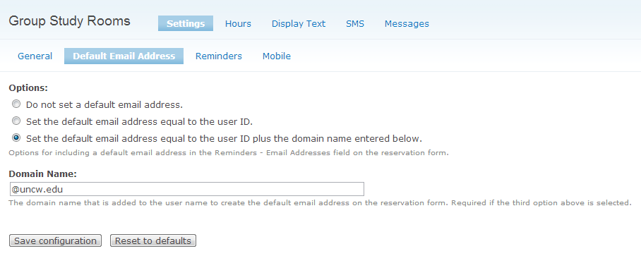 default email address configuration page