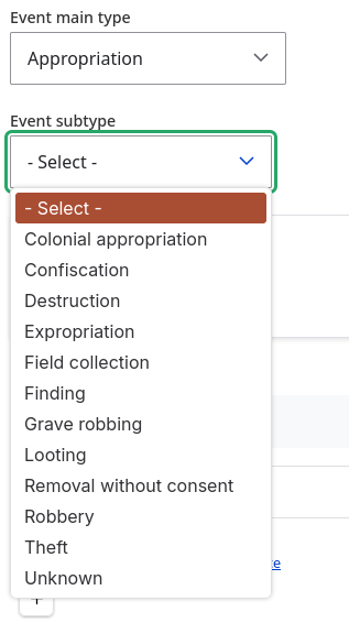 Event main type set to Appropriation; Event subtype dropdown shows Colonial appropriation, Confiscation, Expropriation, Looting, etc.