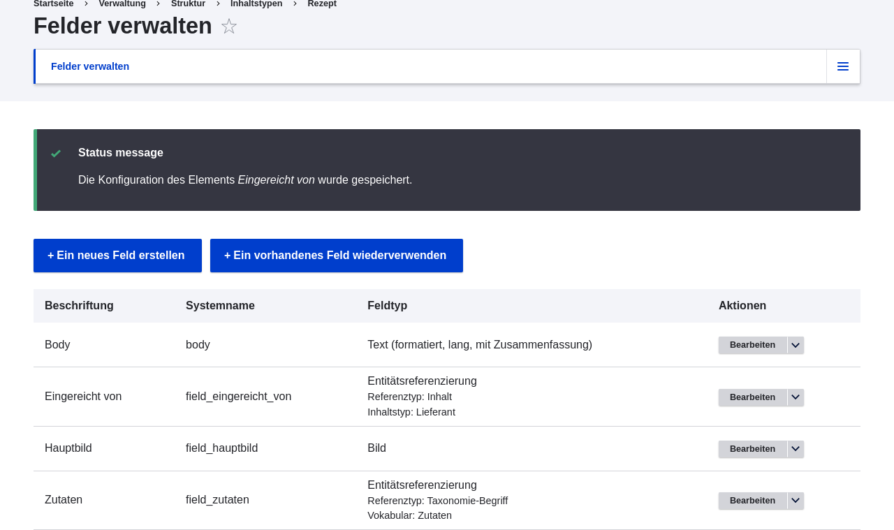Manage fields page for the Recipe content type
