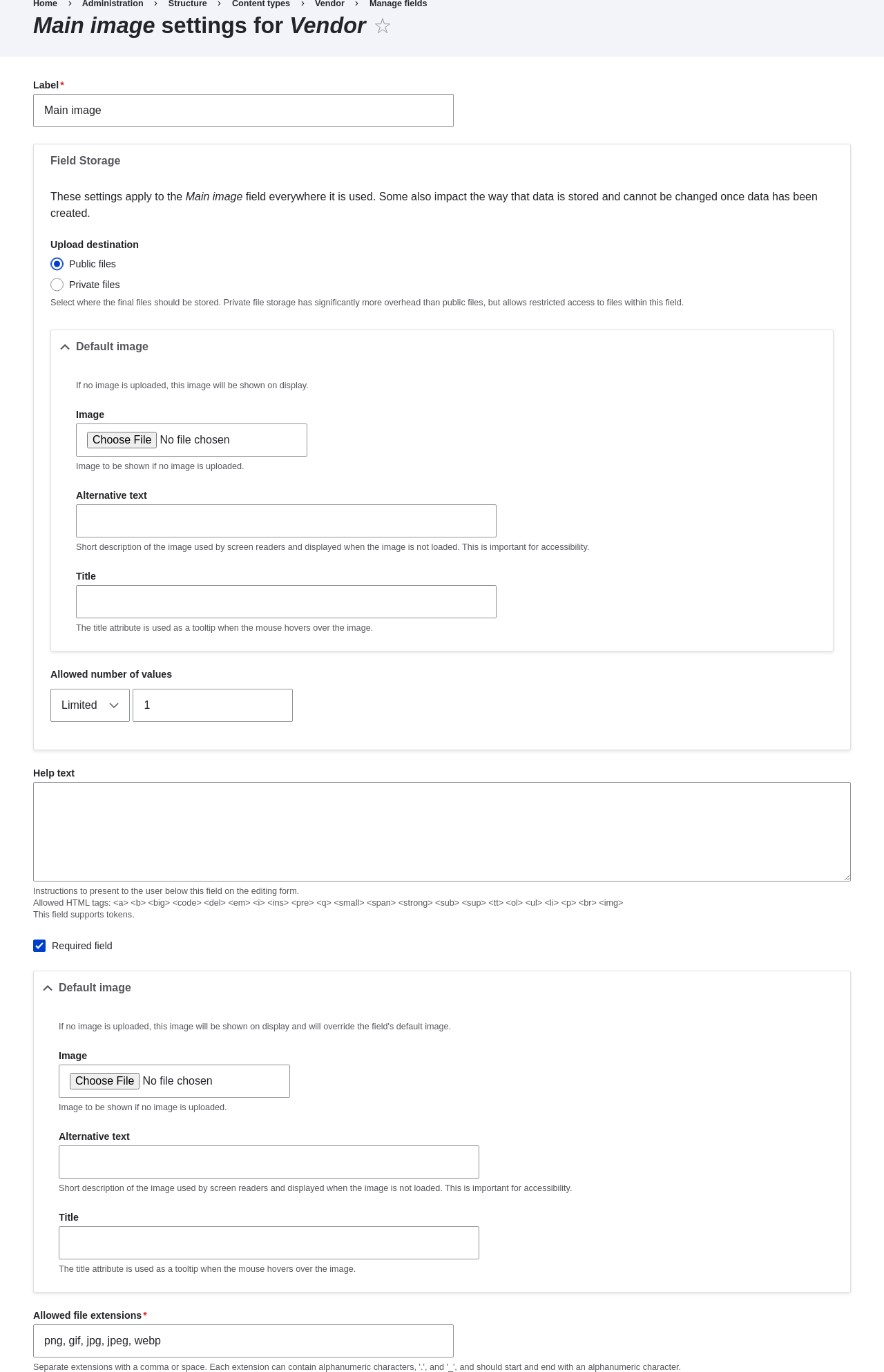 Field settings page for Main Image