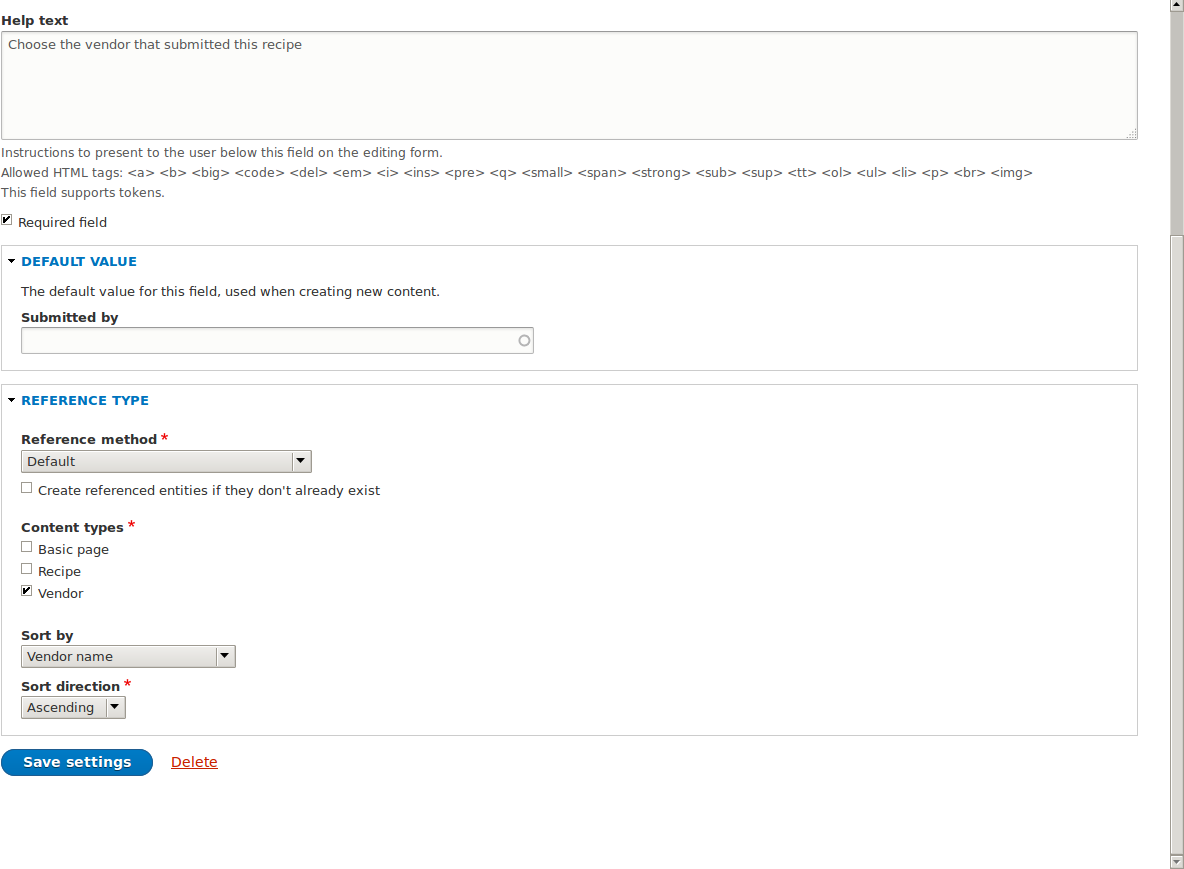 Settings for a reference field