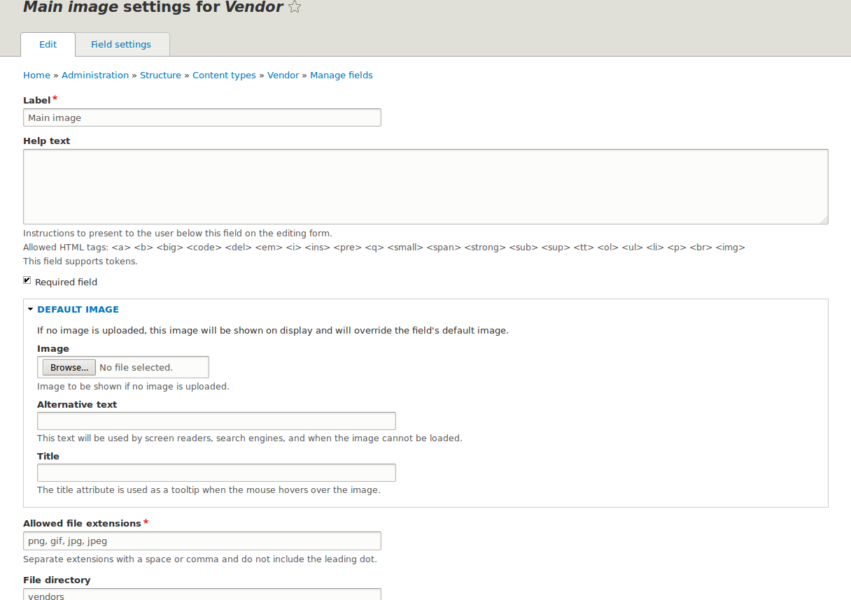 Field settings page for Main Image