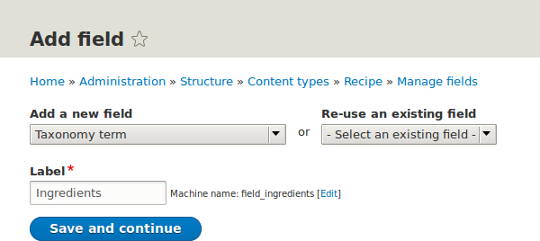 Add Ingredients field to Content type Recipe