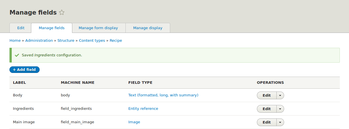 Manage fields page for Recipe content type