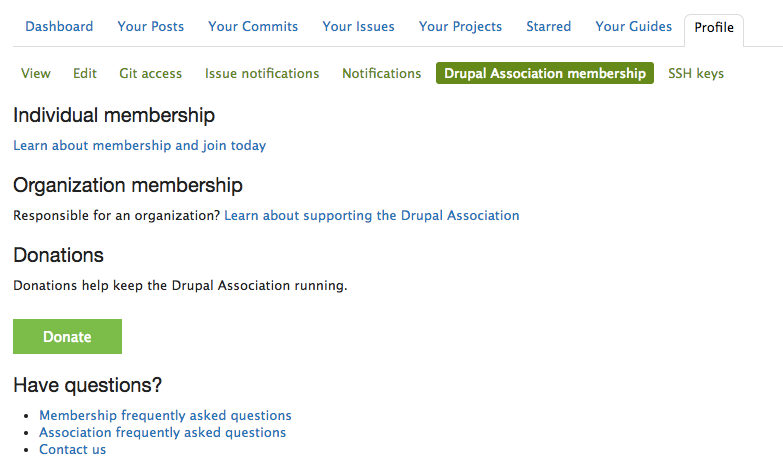 Screenshot of Drupal Association Membership tab on user profile shows Donation button on the page