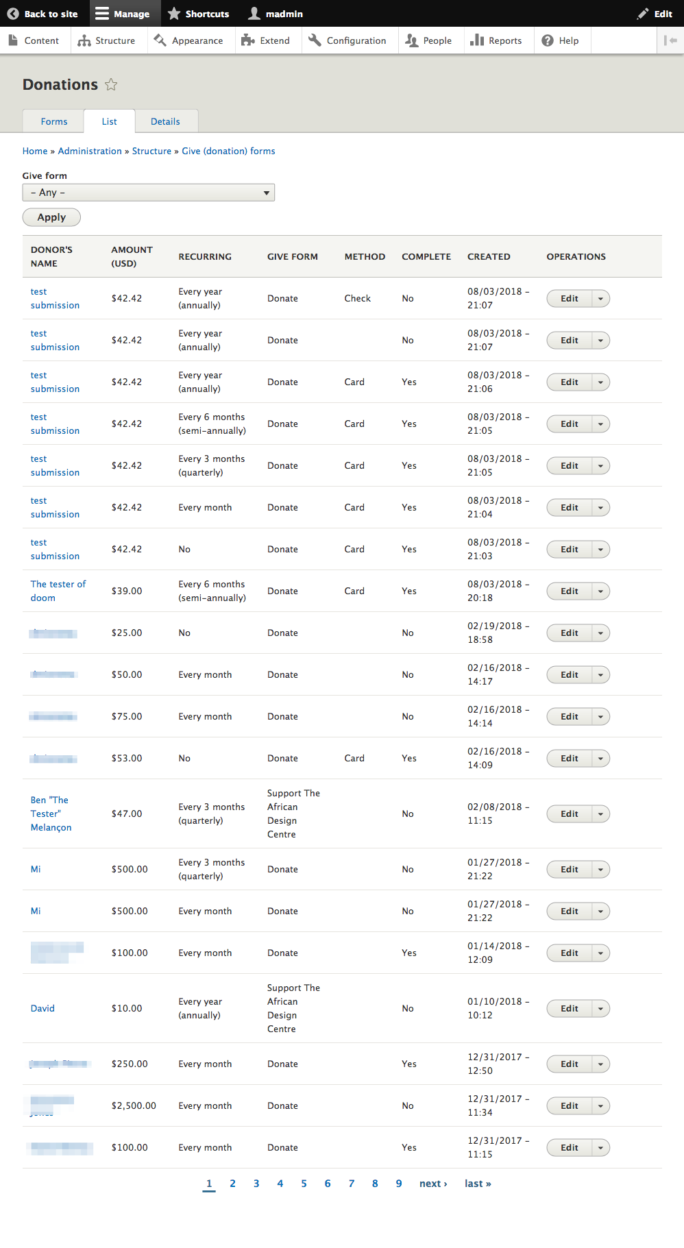 Screenshot of list of donations.