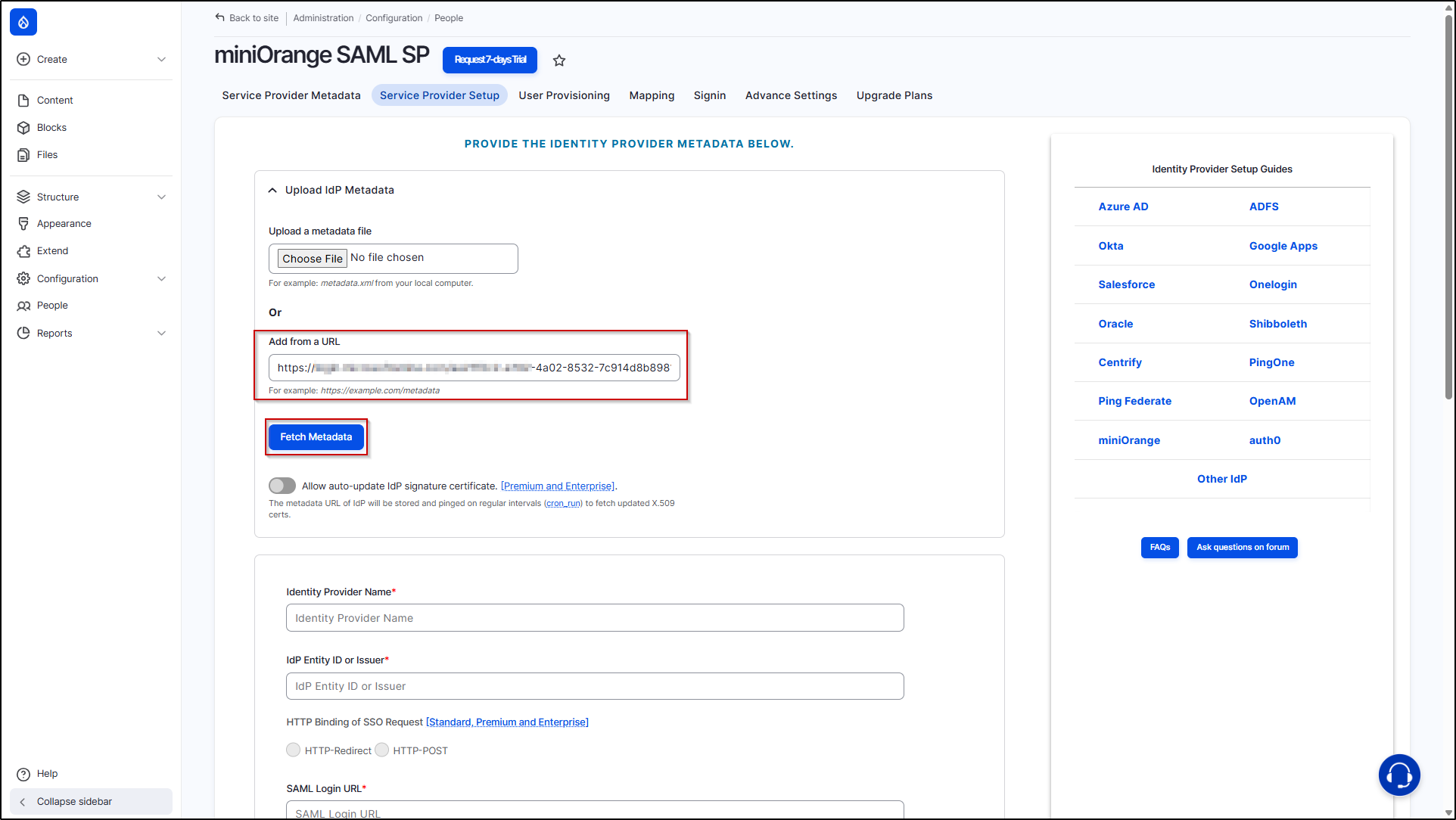 Drupal-miniOrange-SAML-Upload-IDP-Metadata-Provide-Metadata-URL-field-Shibboleth