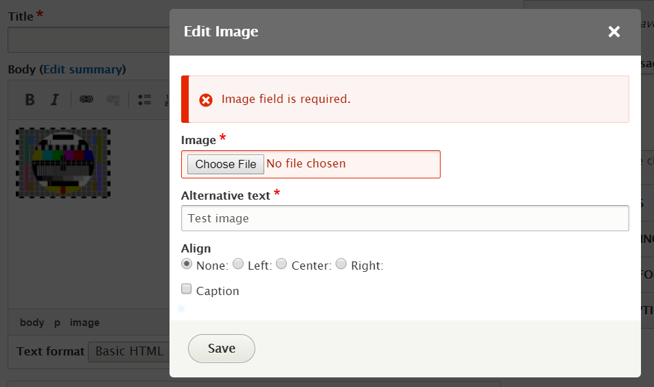 Edit image properties with editor image uploads enabled.