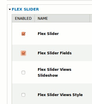 In the group of modules "Flex slider", enable "Flex slider fields".
