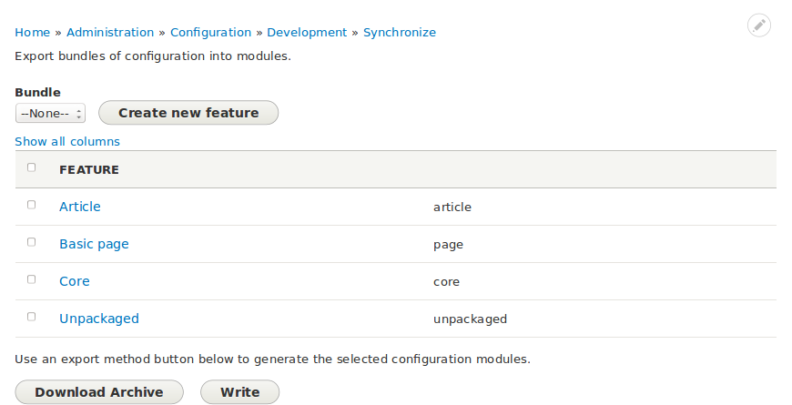 Features export form