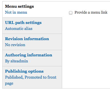  Menu settings, URL path settings, Revision information, Authoring information and Publishing options