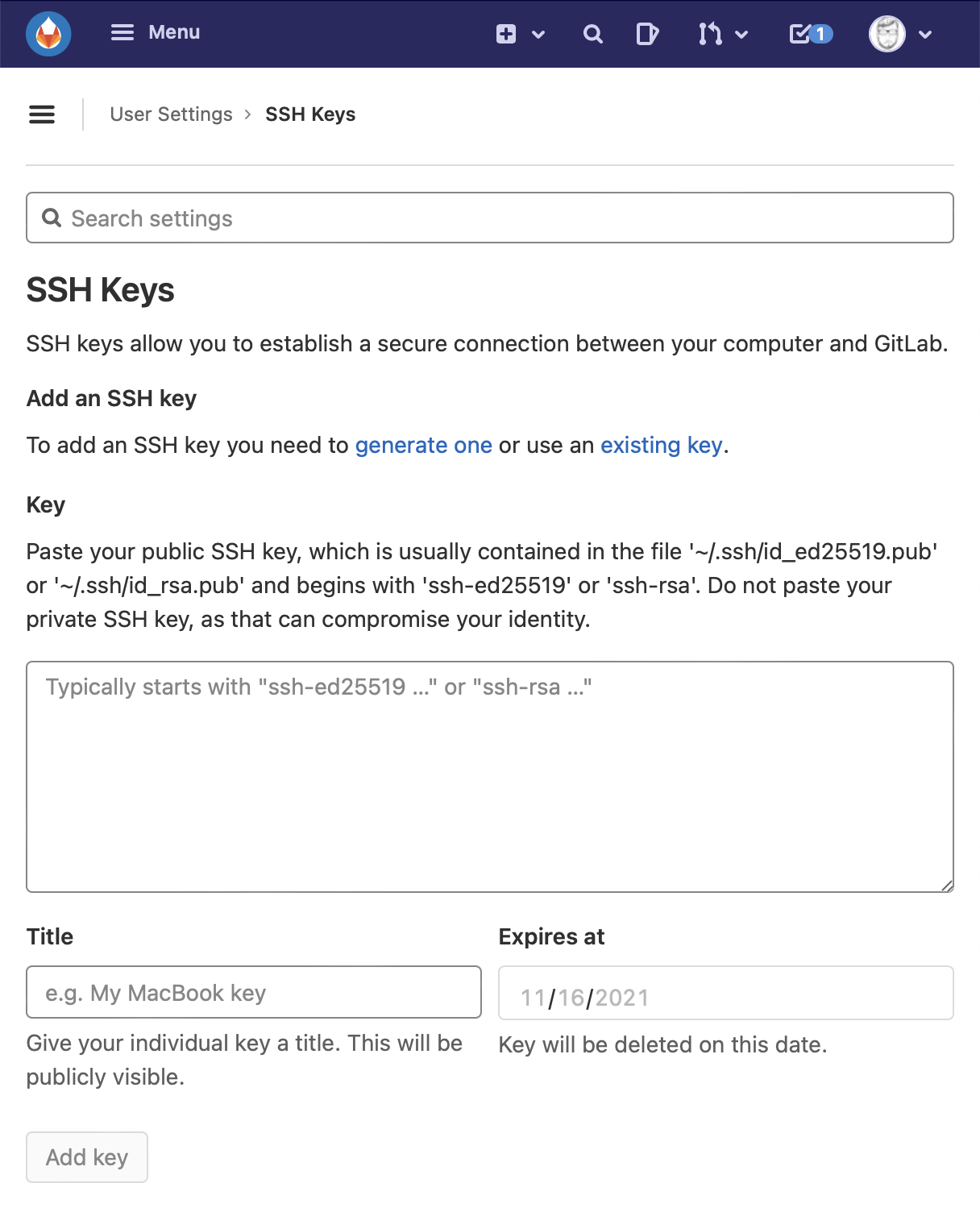 Screenshot showing adding an SSH key on git.drupalcode.org