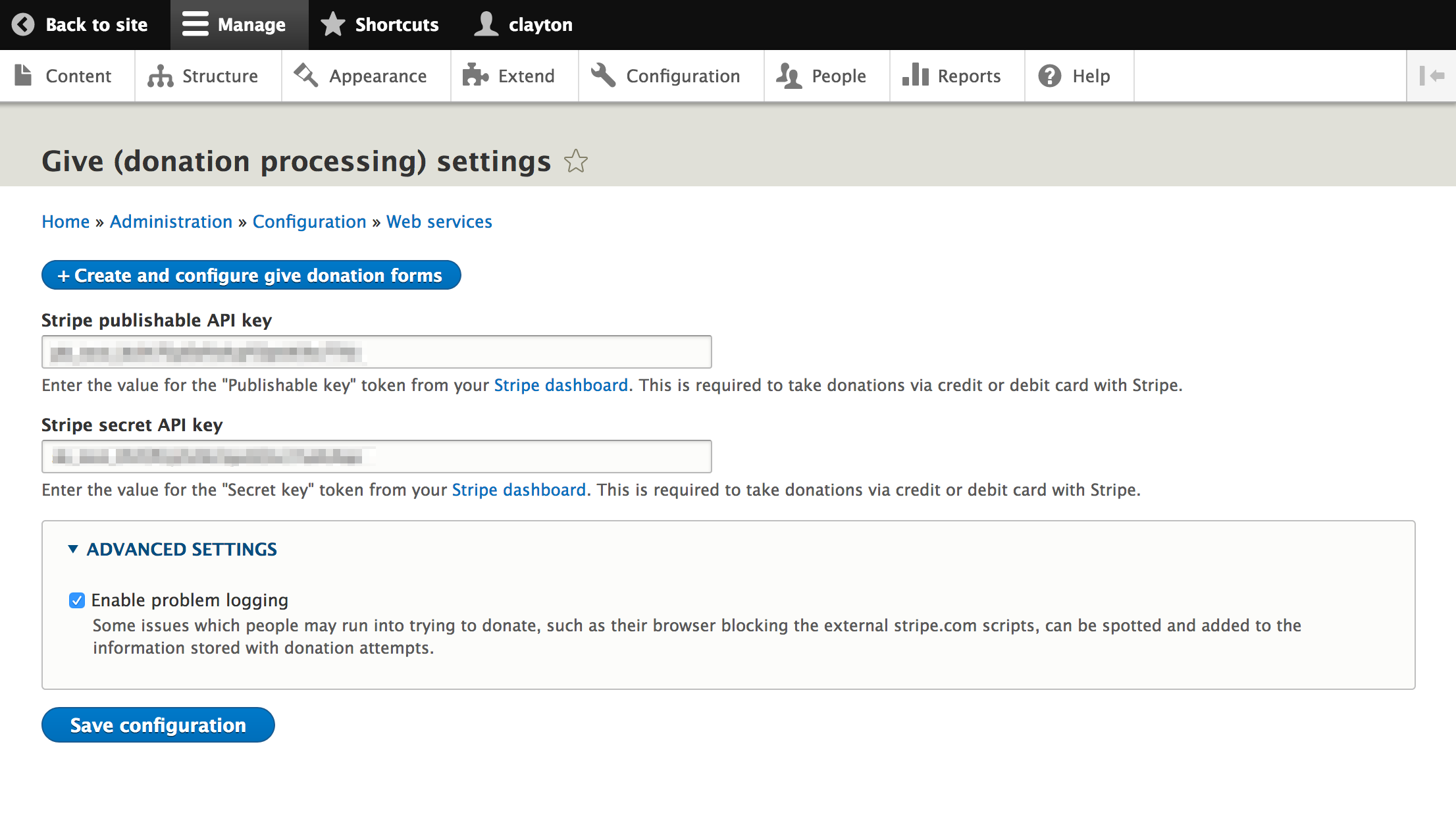 Screenshot of Give configuration page.