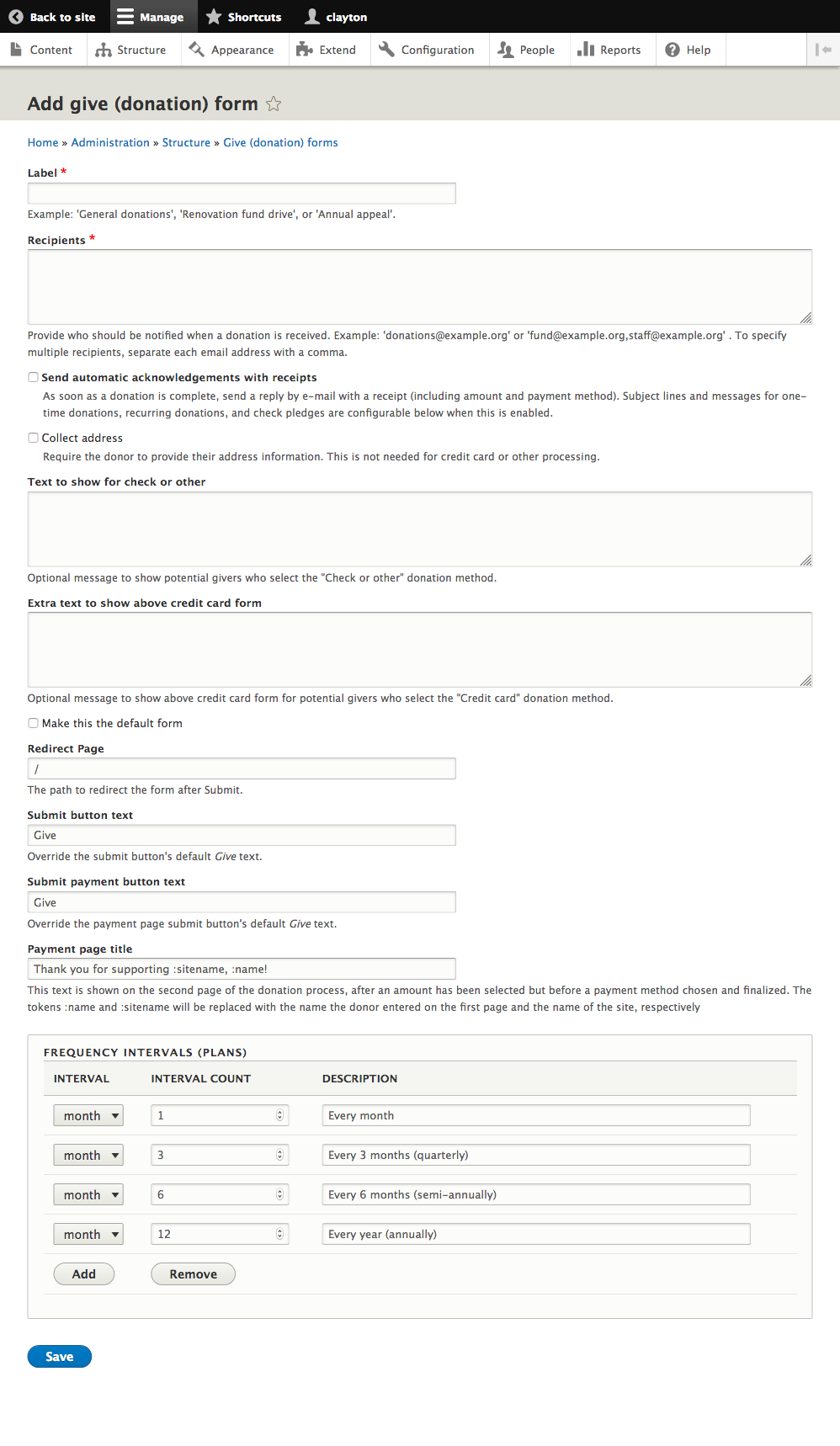 Screenshot of Give donation form create/edit page.