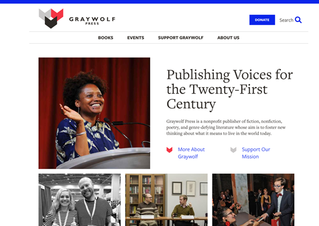 Screenshot of Graywolf website homepage, with menu, logo, and several photos of authors